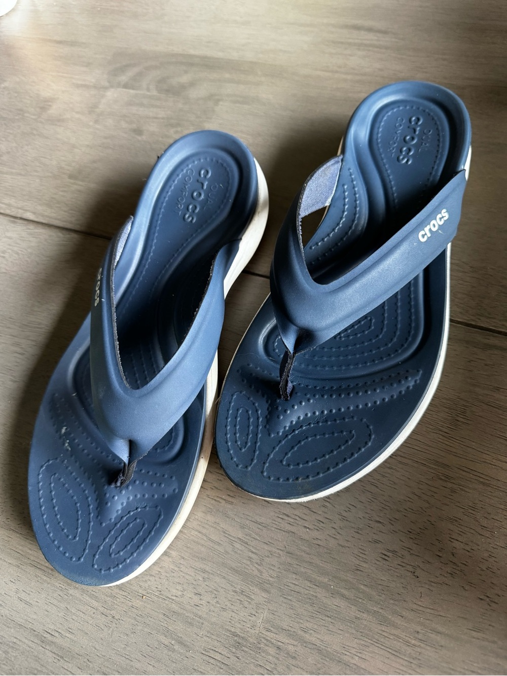 CROCS Navy Blue Women's Foam Thong Sandals with White Soles